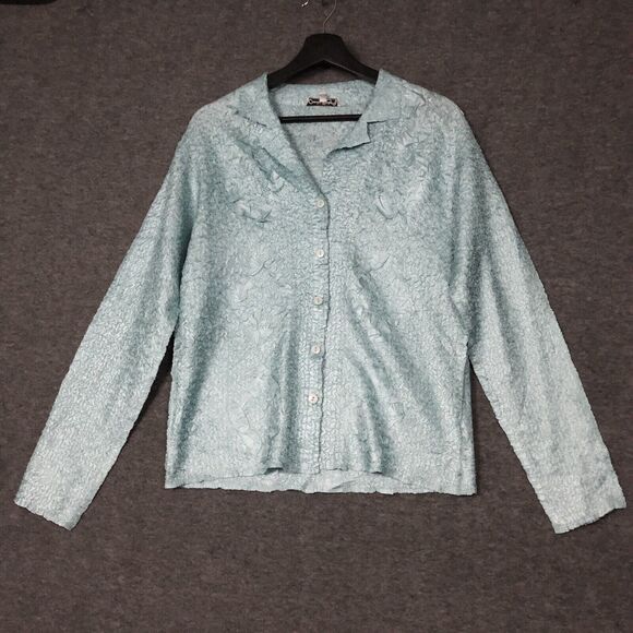 Claudia Richard Top Womens M Textured Teal Button Up Stretch Comfort Polyester - Picture 1 of 10